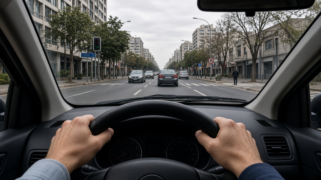 Vista nítida en primera persona desde el asiento del conductor, con las manos en el volante, el interior del auto y la calle con vehículos y señalización al frente